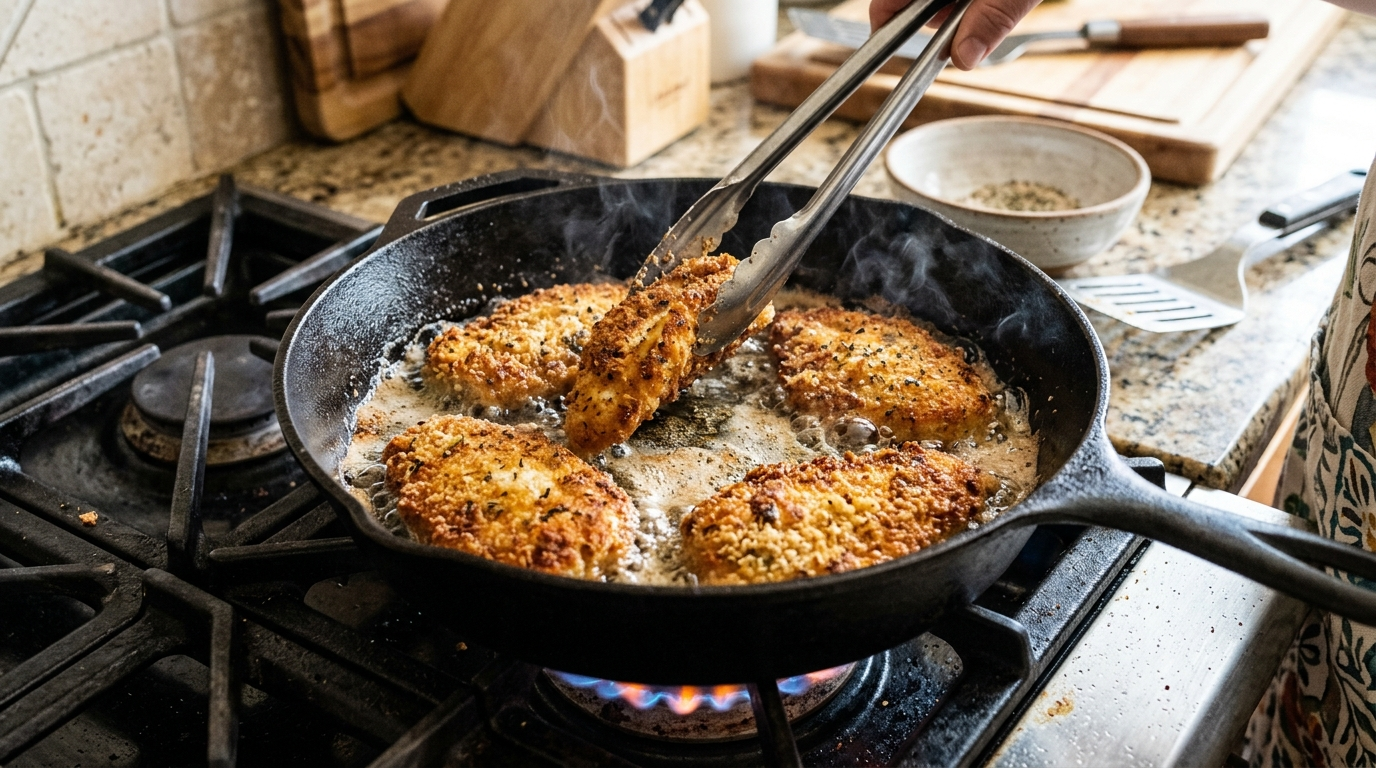 golden brown breaded chicken cutlets in cast iron skillet, mid-sear