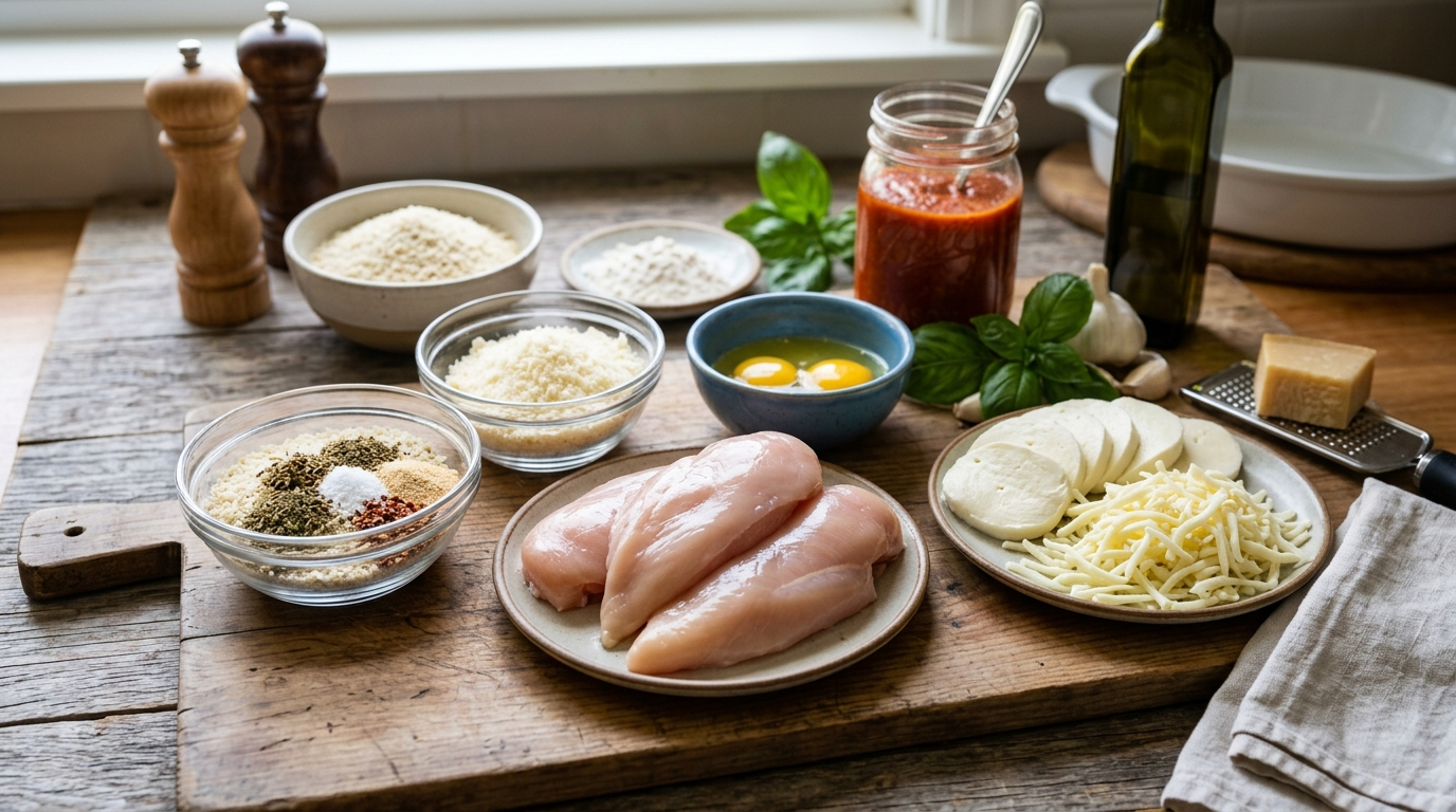 ingredients for chicken parmesan including breadcrumbs, parmesan, mozzarella, and spices