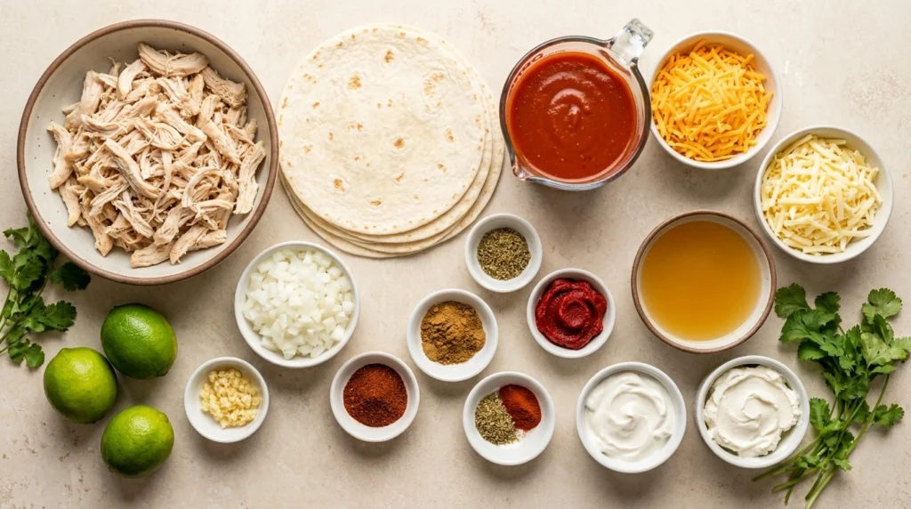 ingredients for chicken enchilada recipe including tortillas, shredded chicken, enchilada sauce, cheese, and spices