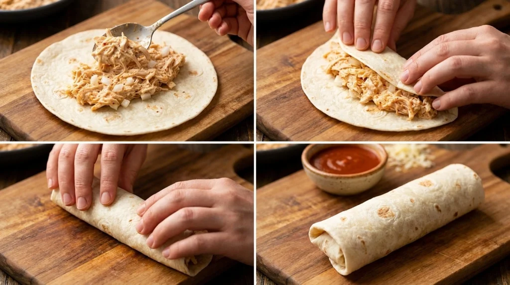 rolling tortillas with shredded chicken filling for chicken enchilada recipe