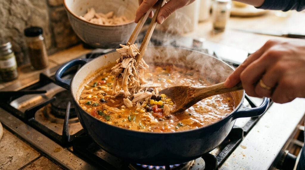 Shredded chicken being added back to the pot — chicken enchilada soup recipe cooking process