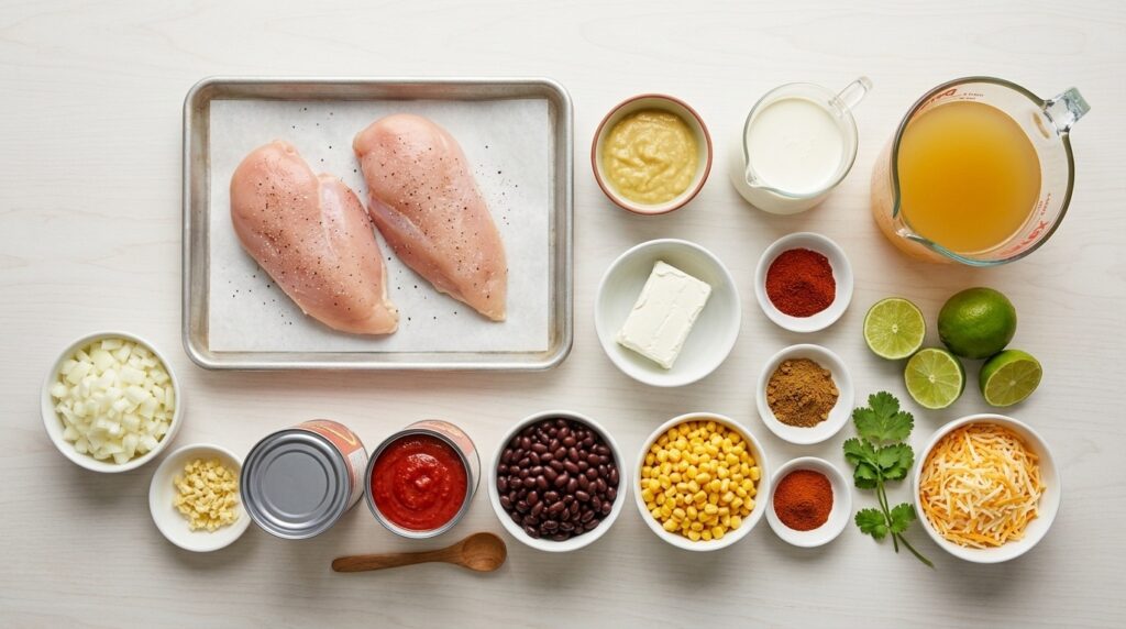 Ingredients for chicken enchilada soup recipe including chicken, enchilada sauce, black beans, corn, spices, and cream cheese