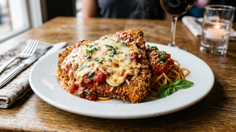 crispy chicken parmesan on white plate with marinara and melted mozzarella,